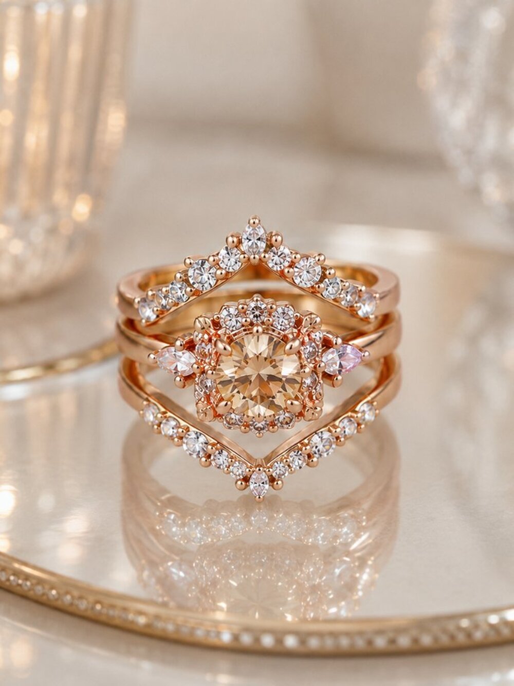 Rose Gold Stackable Halo Ring Set Champagne Crystal Size 8 NWT